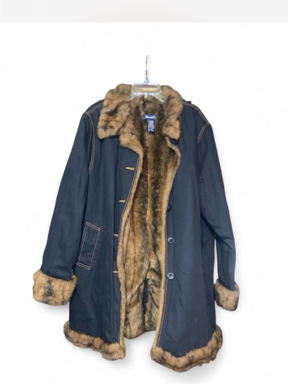 Faux Fur-Trimmed Coat with Brown Trim